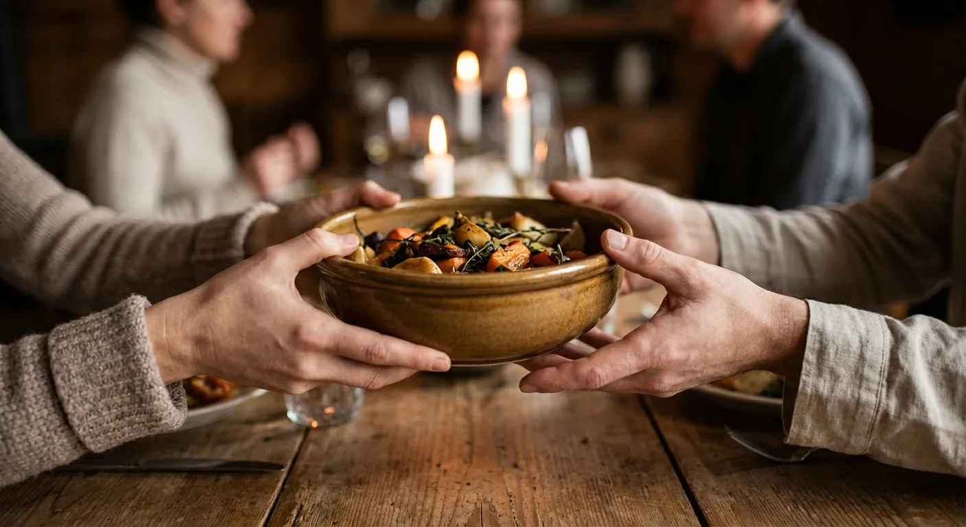 Close-up of hands passing a serving dish across a dinner table