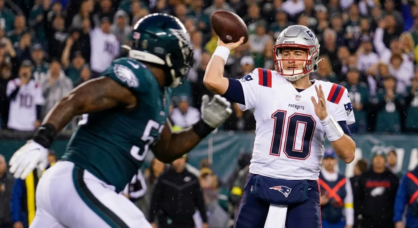 Young NFL quarterback in Patriots uniform throwing a pass under pressure