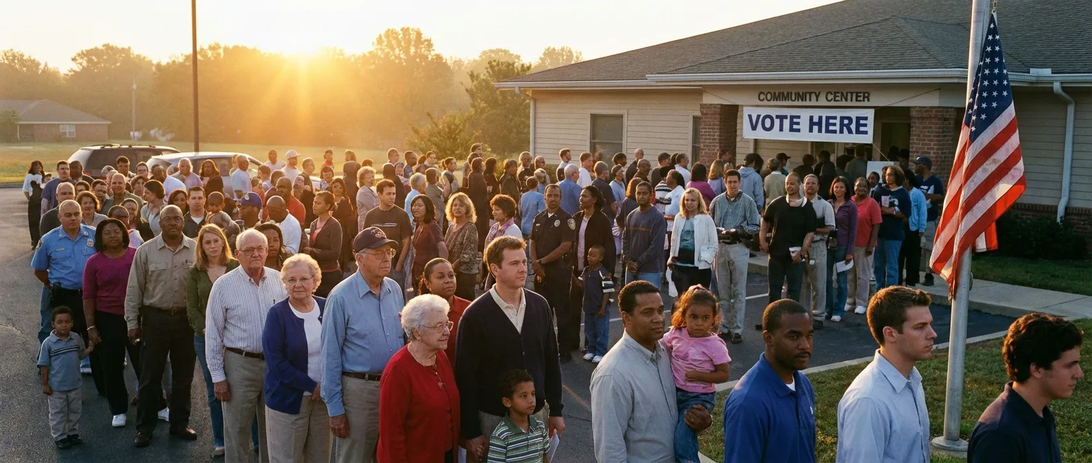 Diverse crowd of voters entering polling station in morning light