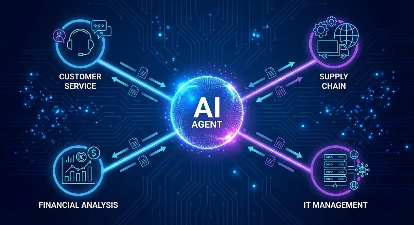 AI agent visualization showing autonomous system managing multiple business operations