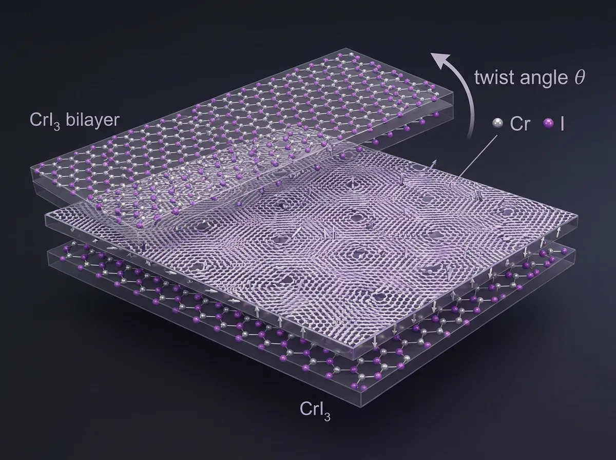 Illustration of two bilayers of chromium iodide twisted to form a moiré superlattice pattern
