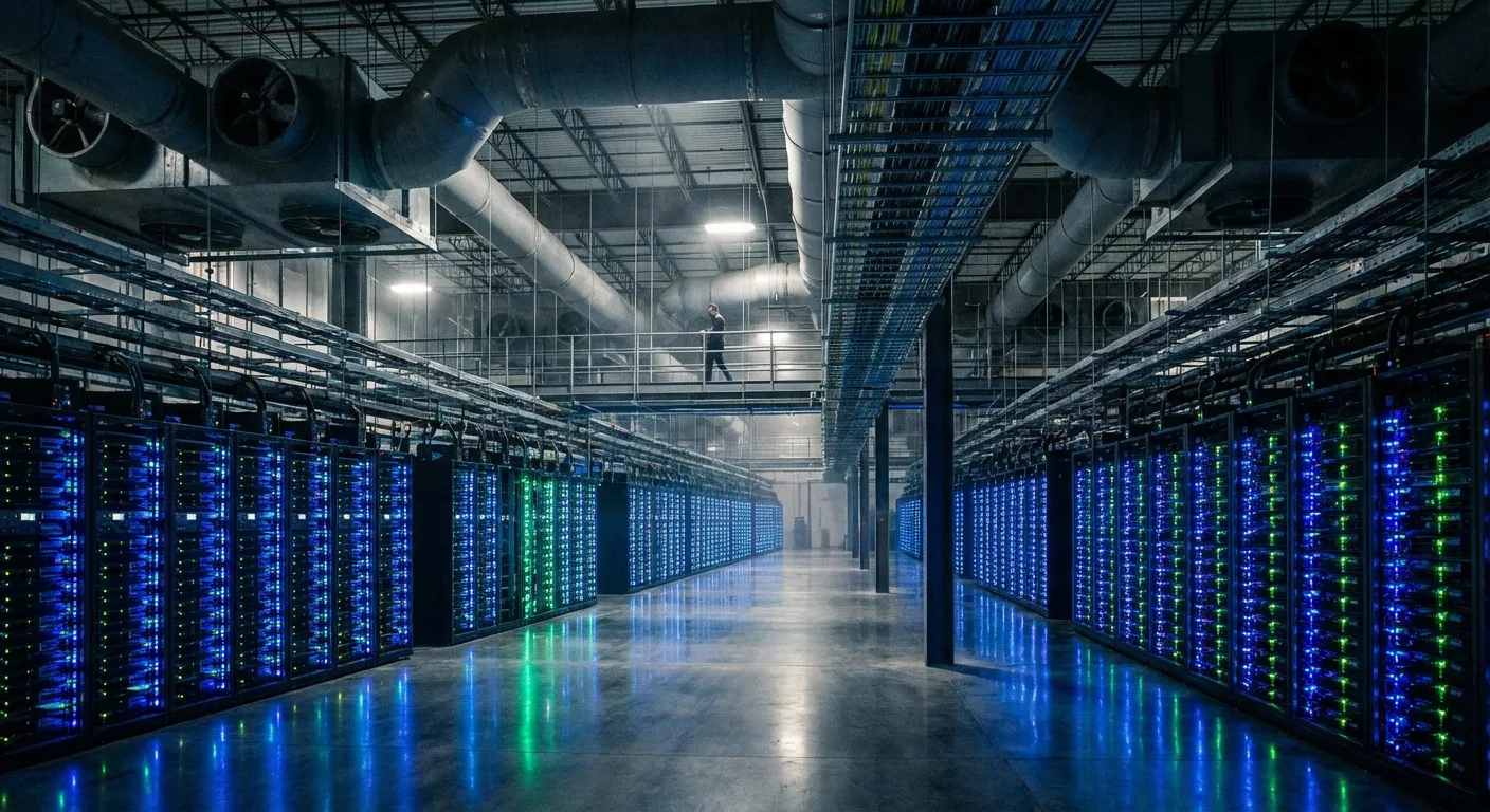 Interior of a massive data center with rows of server racks and cooling systems