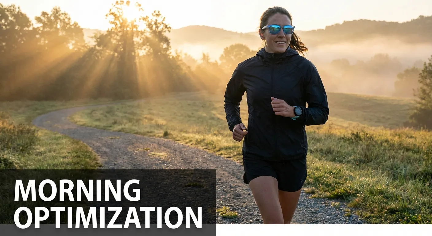 Runner jogging at sunrise with light therapy glasses and fitness tracker visible