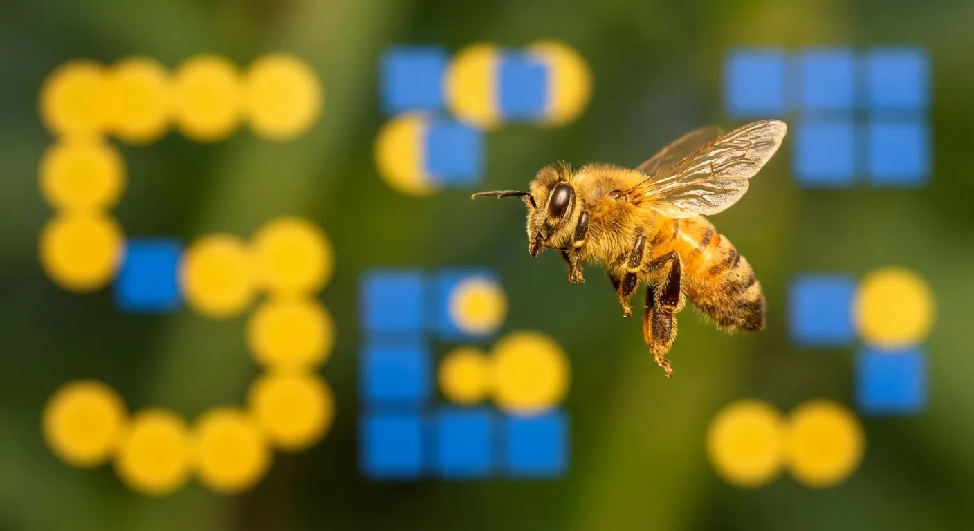 Close-up of a honeybee approaching geometric shapes arranged in numerical patterns
