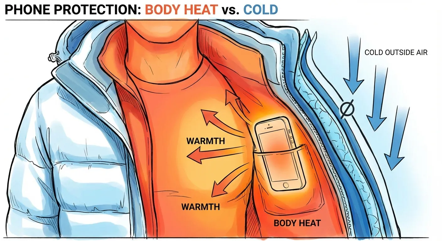 Phone in warm inner jacket pocket next to body