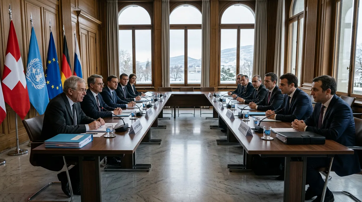 Diplomats seated at a formal negotiation table in a Geneva conference building