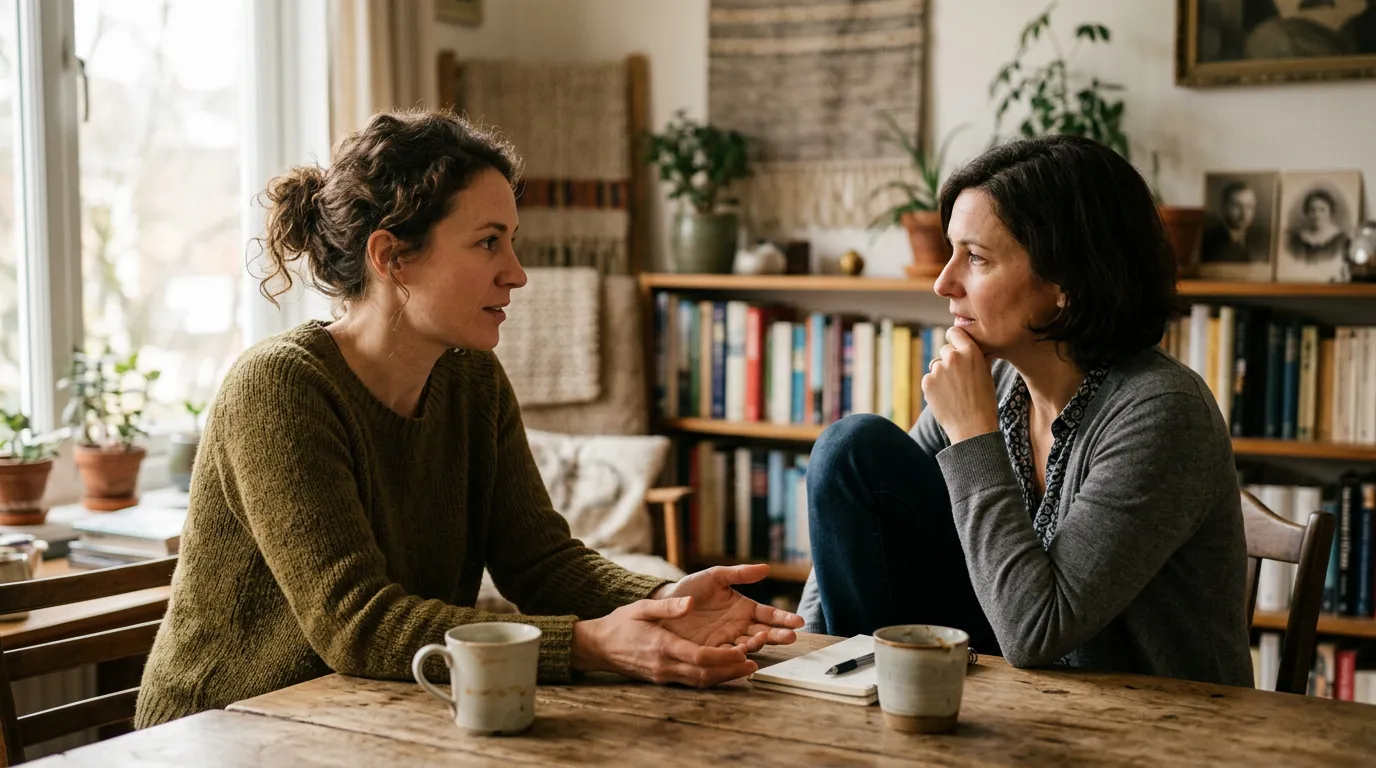 Two people in a warm conversation with open body language and eye contact