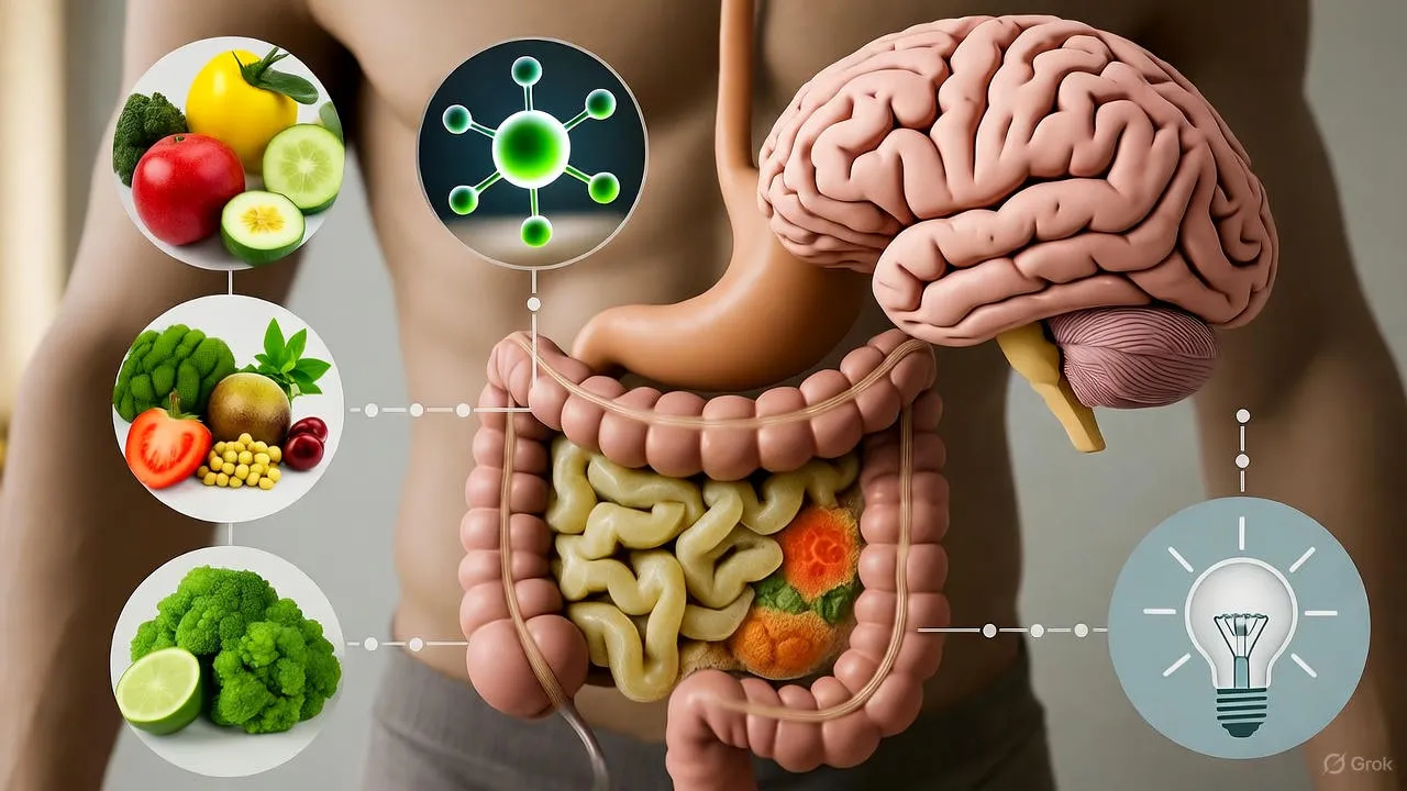 Artistic visualization of the gut-brain connection showing neural pathways between digestive system and brain